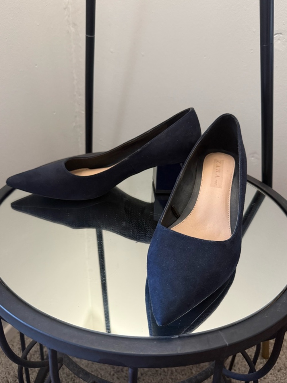 Zara Dark Blue Suede Pointed Block Heel Pumps